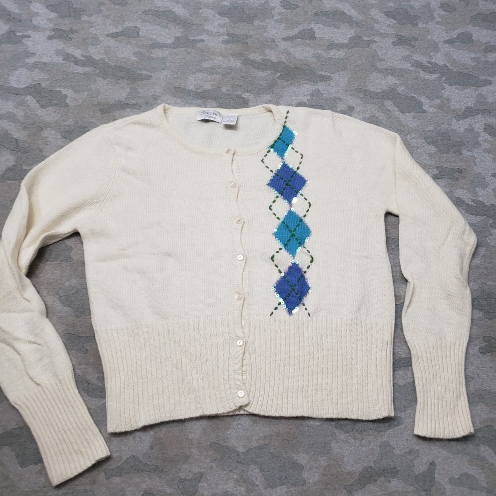VTG Envision Avenue Cardigan Womens Large Beige Button Argyle 80s
